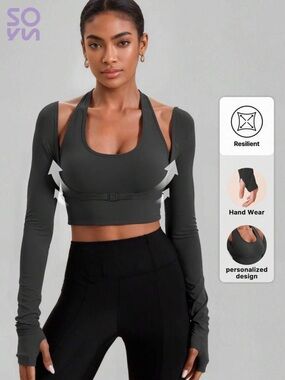 Long Sleeve Charcoal Crop Top with Built-In Support
